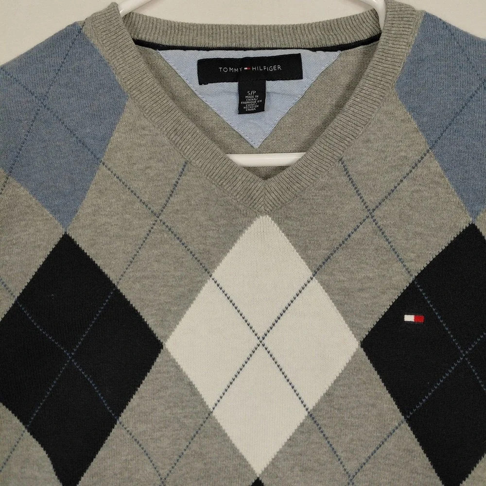 Tommy Hilfiger Size S Argyle V Neck Sweater Men Pullover Gray Blue Cotton Preppy